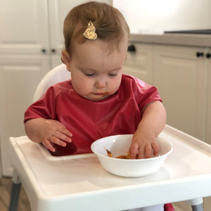 Short Sleeve Messy Mealtime Smock - Raspberry Red (Turtle) - ToddleQuest